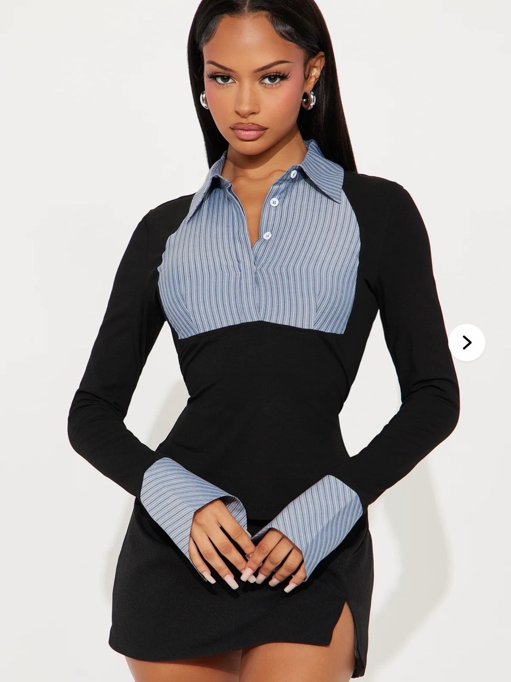 Fashion Nova Black Top with Blue Stripe Collar & Cuffs